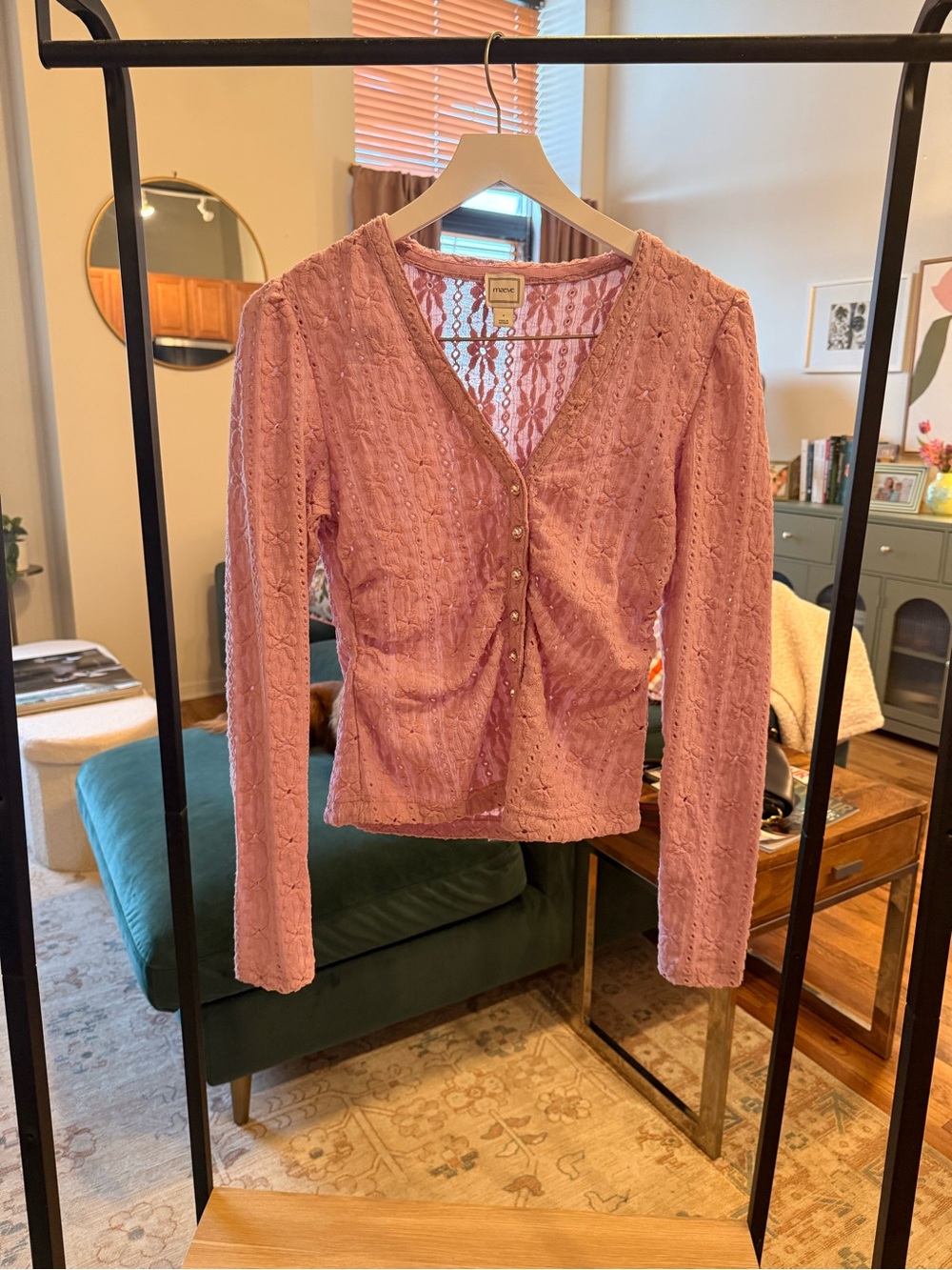 Maeve Rose-Pink Lace V-Neck Knit Top